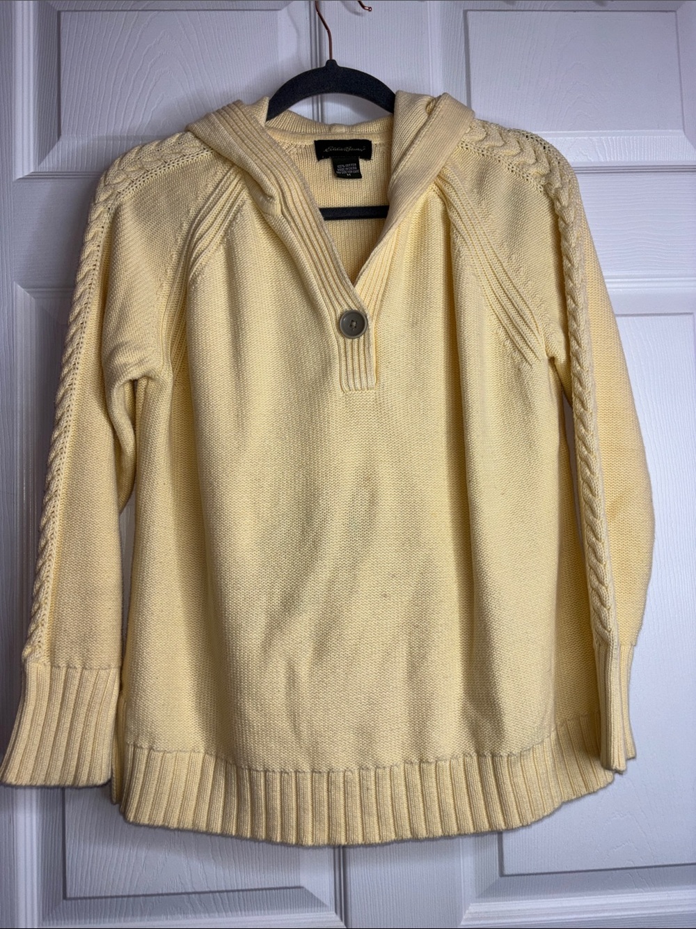 Eddie Bauer Pastel Butter Yellow Cable Knit Hooded Pullover Sweater